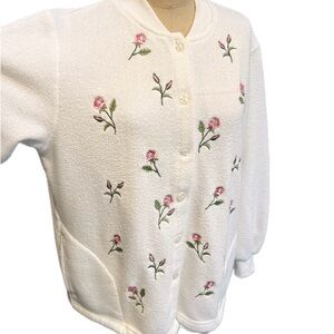 VINTAGE cottage rose garden‎ terry cloth sweater cardigan button front 80s 90s